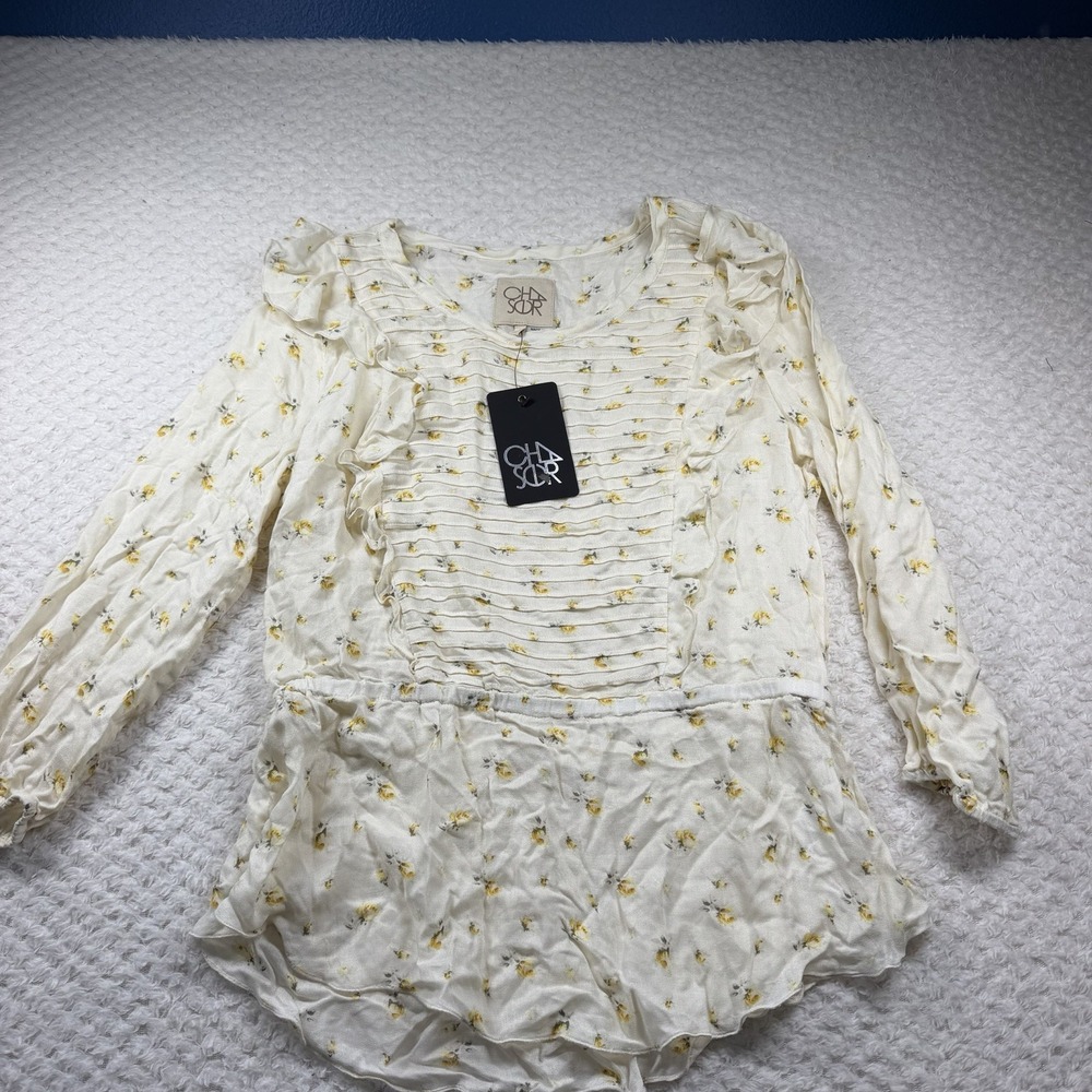 Chaser M Peplum Floral Blouse Ruffle Pleated Long Sleeve Boho Cottagecore NWT